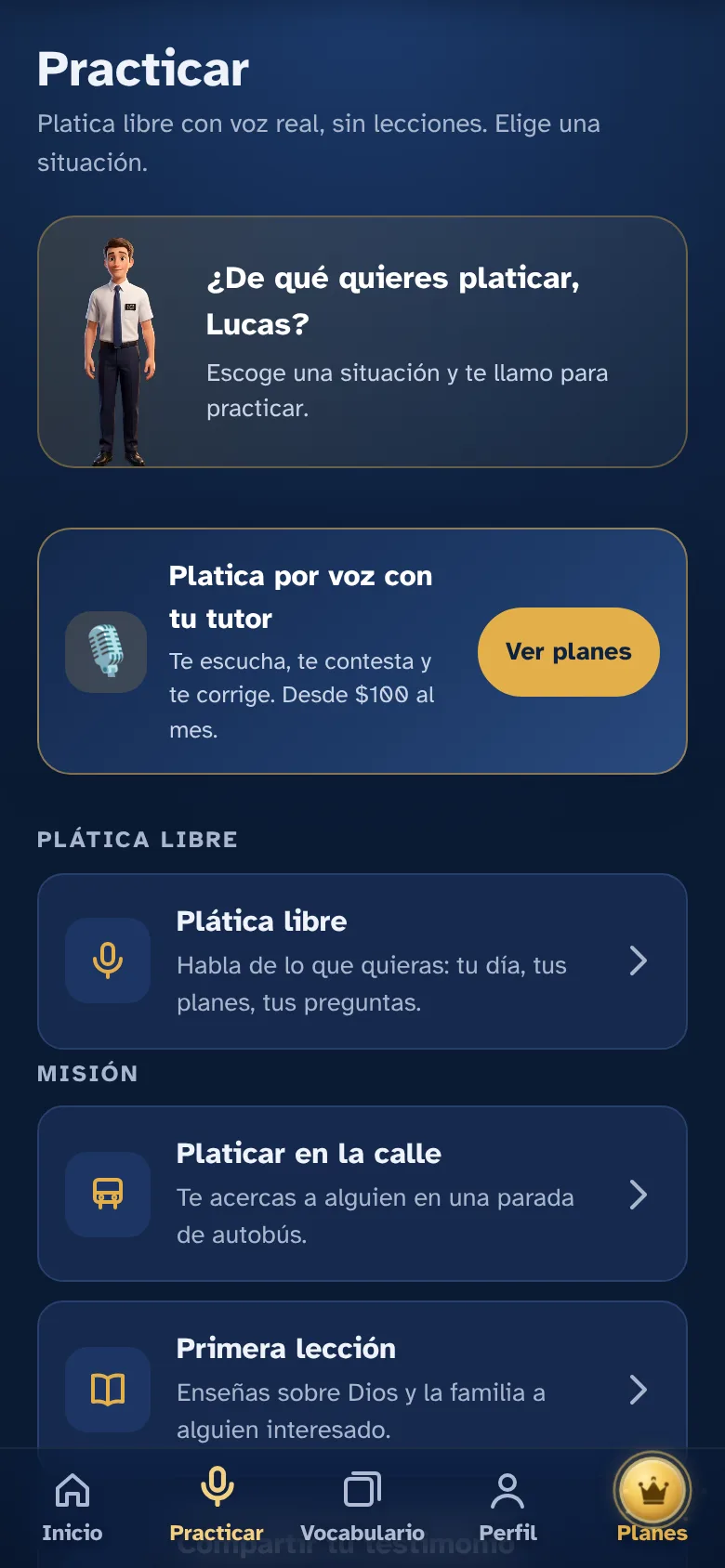 Pantalla Practicar con situaciones para platicar