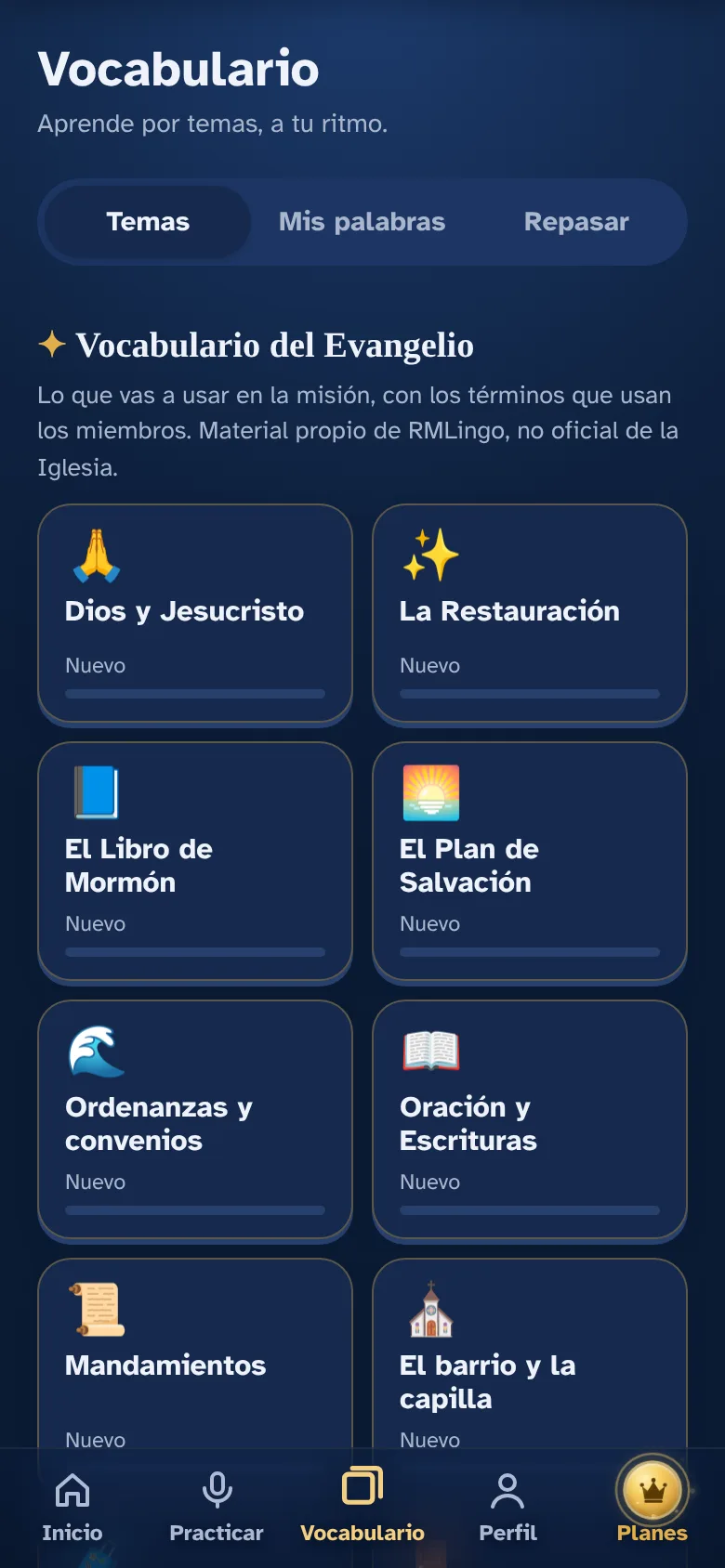 Pantalla de Vocabulario por temas